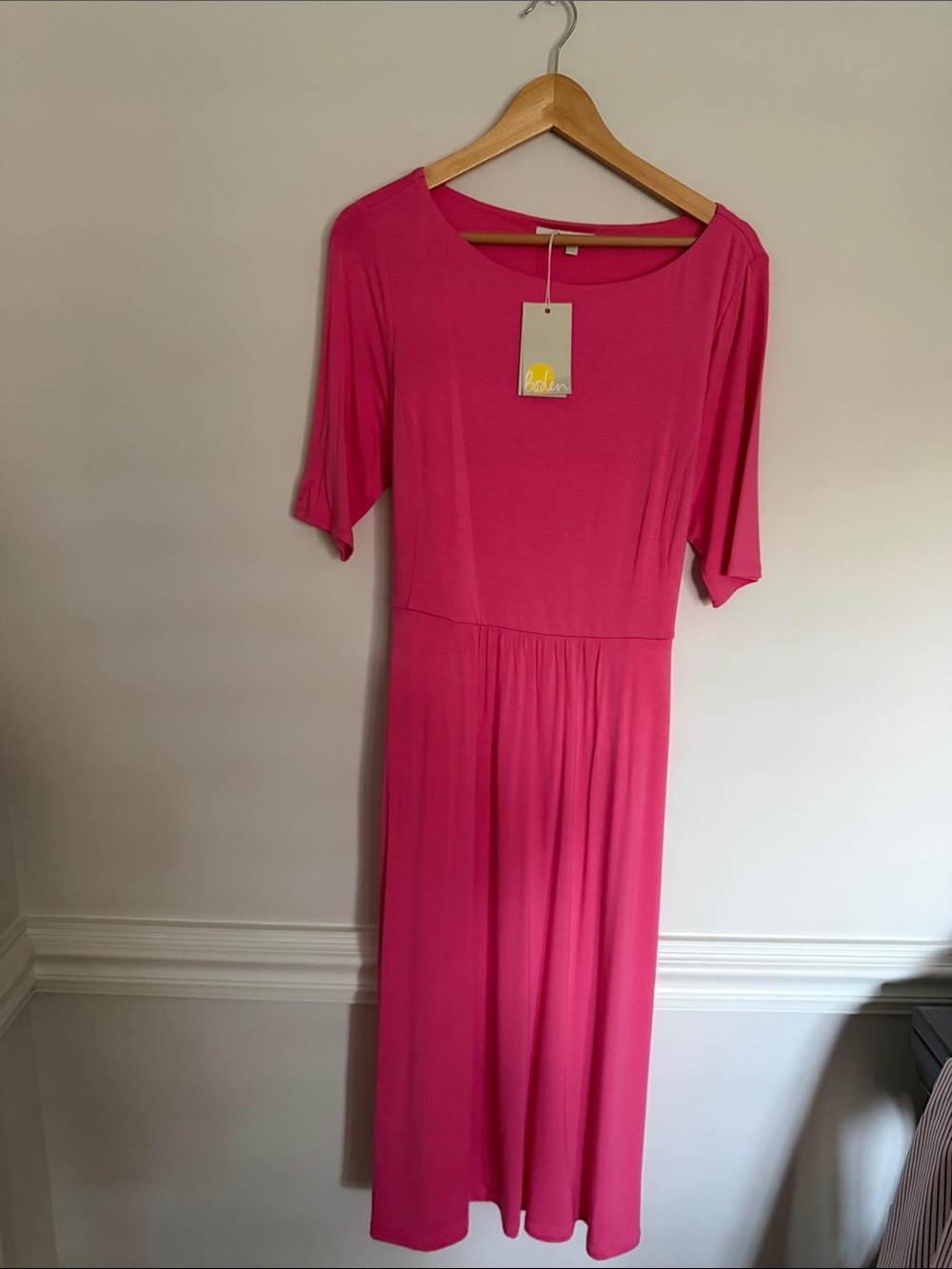 Boden Hot Pink Midi Dress with Scoop Neck back tie and pockets. Supremely Fab